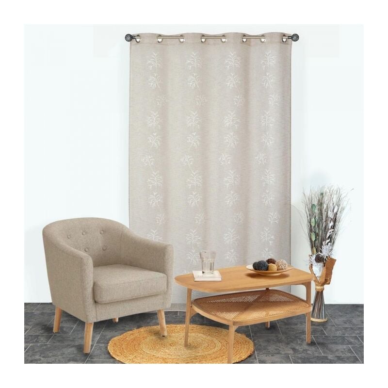 Voilage Brodé Végétal à Œillets Gomme Beige - 140x240cm - Prêt à Poser