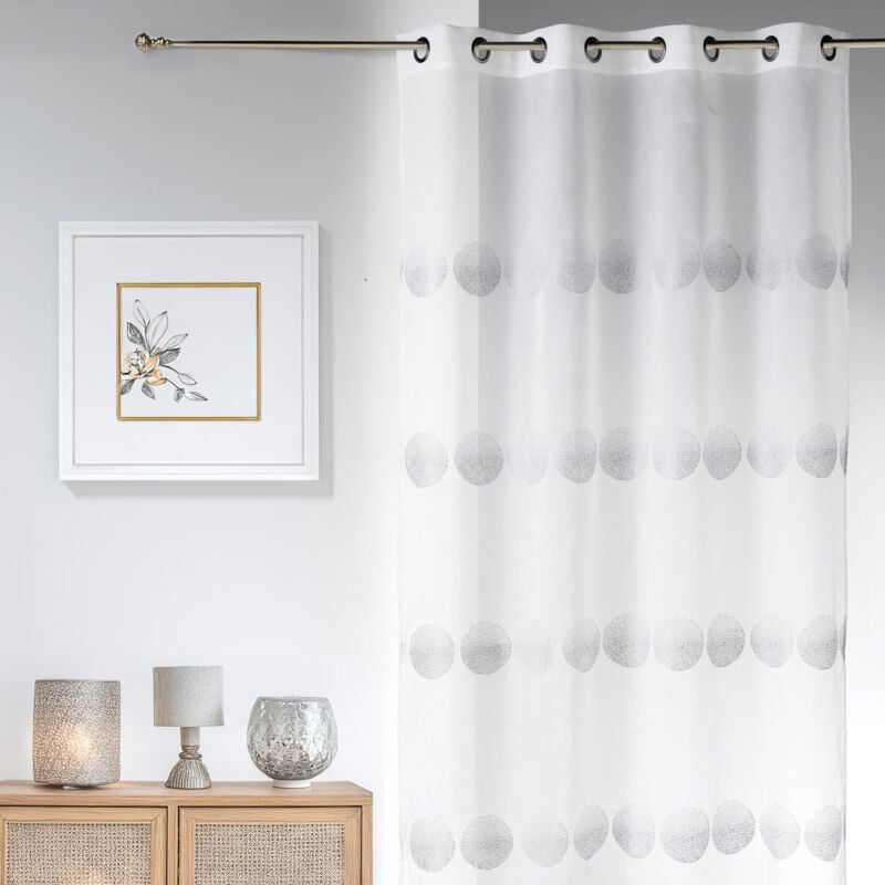 Voilage en étamine brodé de rayures horizontales à pois Blanc 140x240 cm