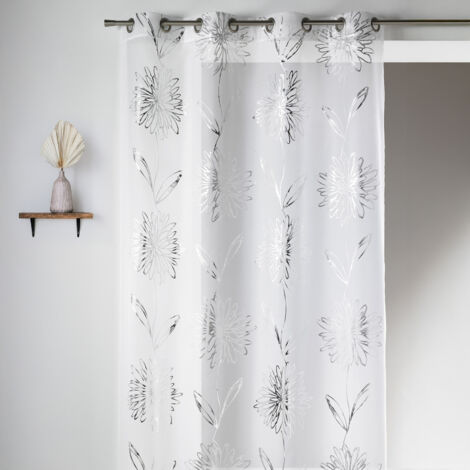 Voilage en Etamine Légère à Impressions Métallisées "Fleur" Blanc 135x240 cm