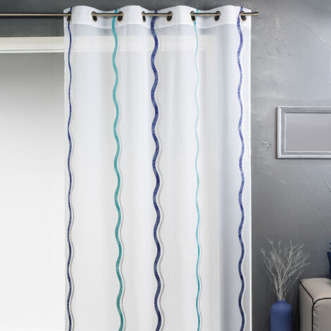 Voilage en jacquard à rayures verticales ondulées Bleu 140x260 cm