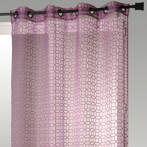 Voilage en Organza Dévoré avec Motifs Géométriques Prune 140x240 cm