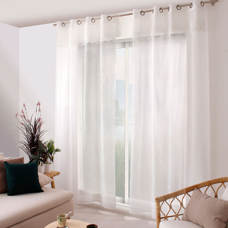 Voilage en étamine avec top à volant brodé Blanc 140x240 cm