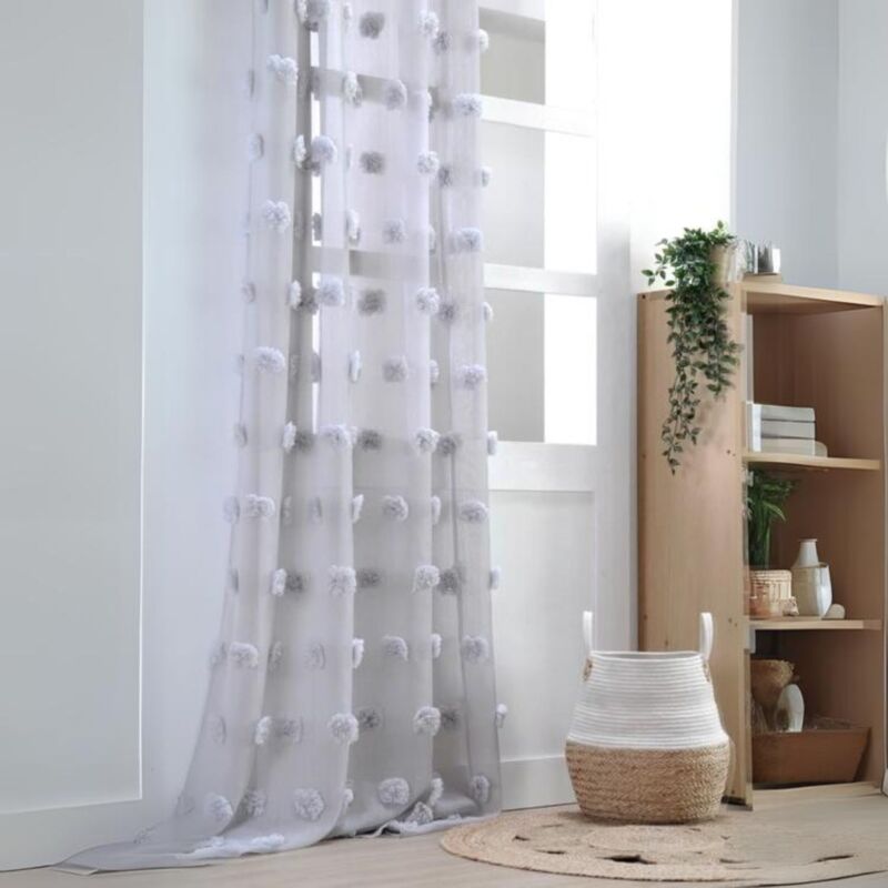 Voilage pompons brodés Gris Perle 140x260 cm