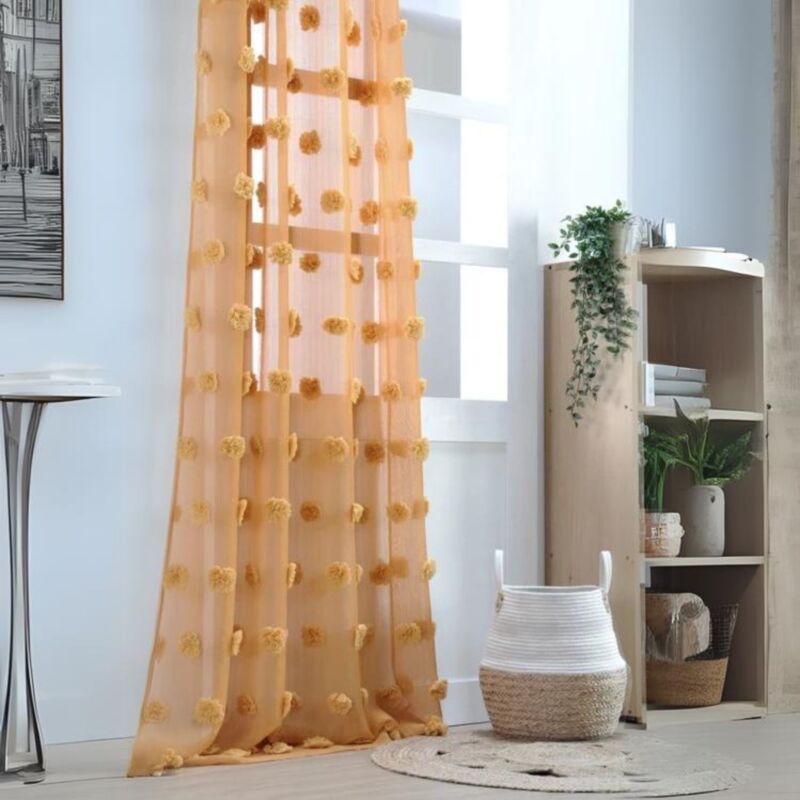 Voilage pompons brodés Jaune moutarde 140x260 cm