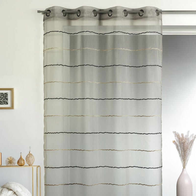 Voilage fantaisie en étamine à rayures horizontales Taupe 140x240 cm