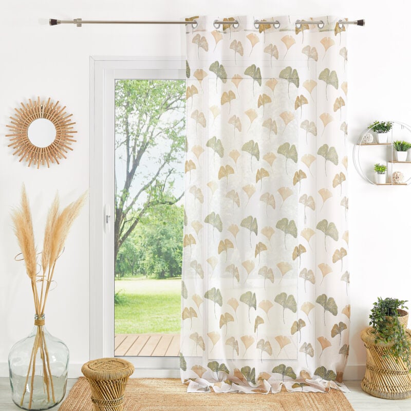 Voilage léger imprimé motif ginkgo Kaki 140x240 cm