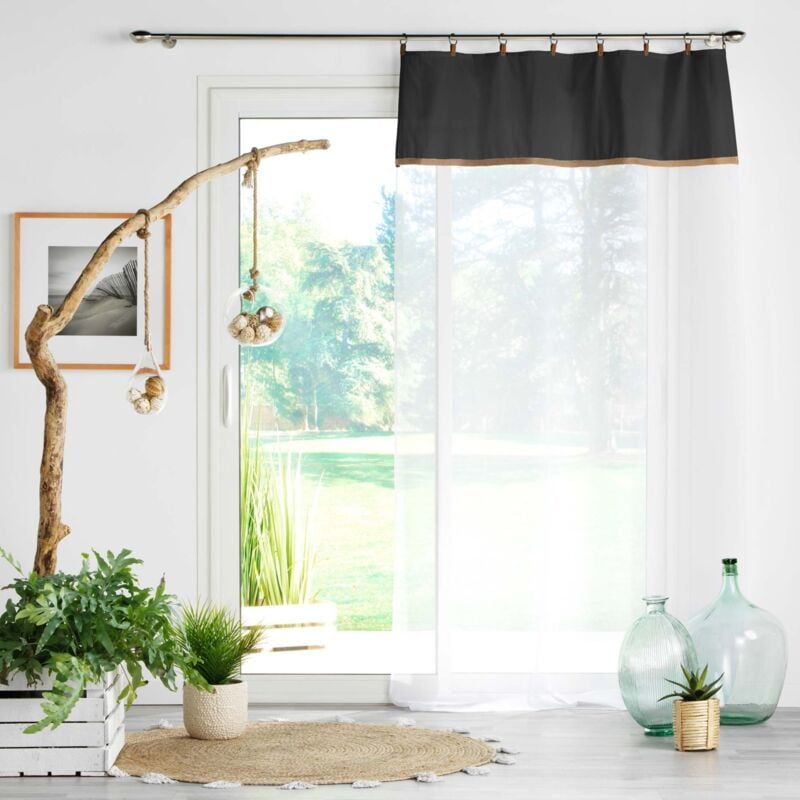 Voilage à anneau 140 x 240 cm en polycoton sablé + jute Leana Noir