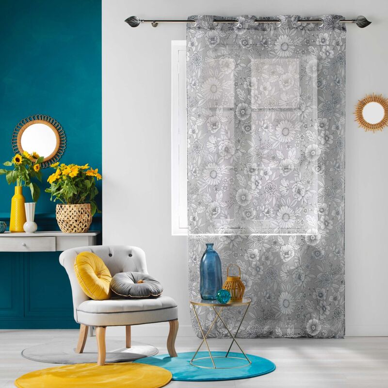 Voilage sablé et fleuri Gris clair 140x240 cm