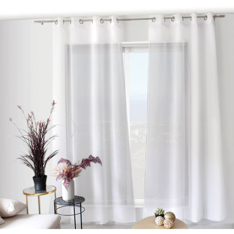 Voilage tamisant avec galon feuille en macramé Blanc 140x240 cm