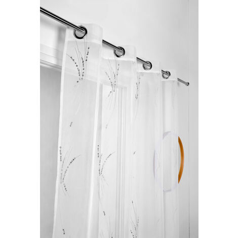 Voilage tamisant et brodé "brins d'herbe" Gris clair 140x260 cm