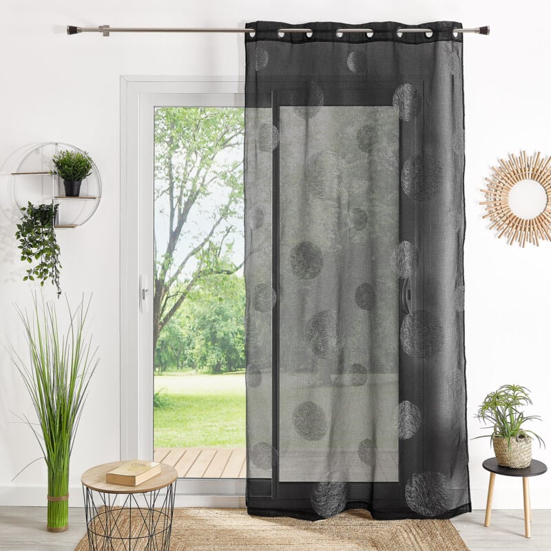 Voilage en Etamine Brodé de Ronds Mélés Noir 140x240 cm