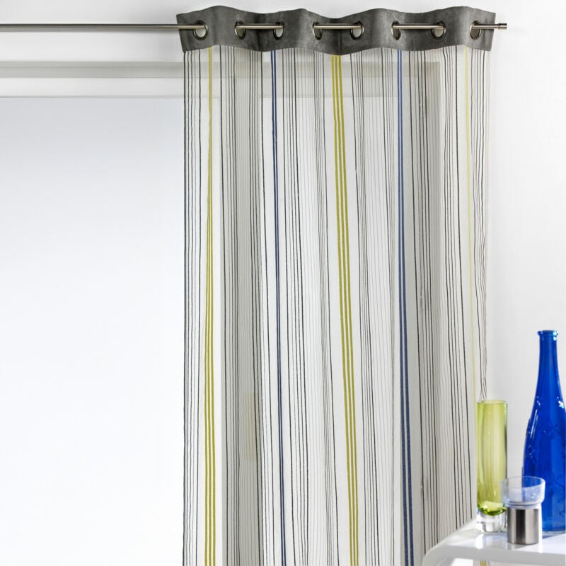 Voilage en Organza Rayé avec Parement Suédine Bleu 140x260 cm