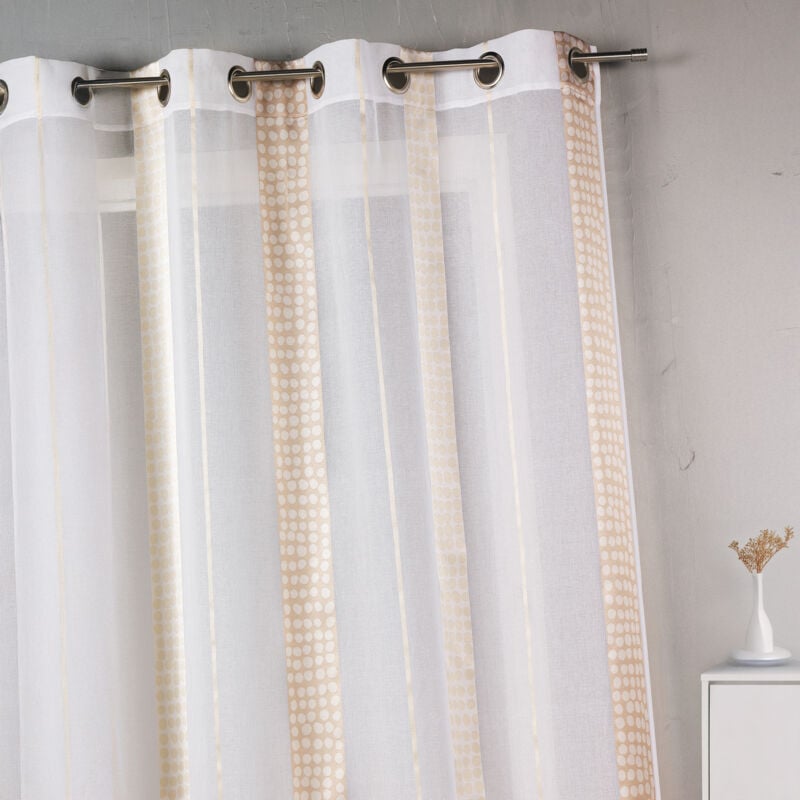 Voilage en étamine à rayures verticales à pois Beige 140x260 cm