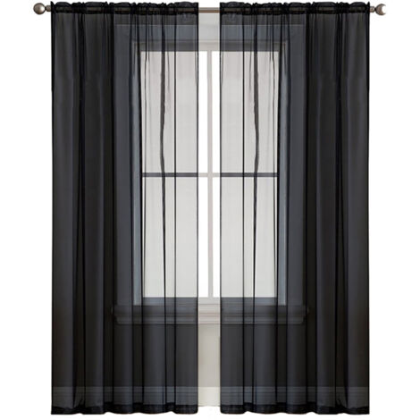 Voilages Transparents pour Salon et Chambre - 2 Panneaux Semi-Voile Noir avec Poche à Barre - 39x98 pouces/100x250 cm