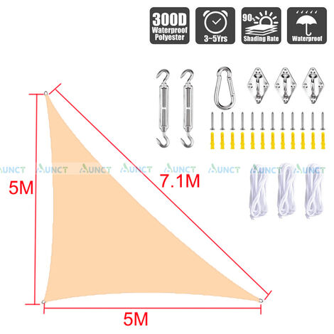 Voile d&39ombrage Triangle anti-uv, 5x5x7.1m, accessoire de montage, Patio extérieur, jardin, randonnée, camping, parking,beige