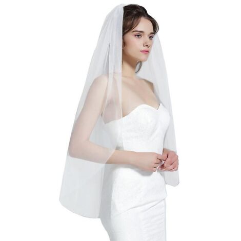 Voile de mariée blanc ivoire simple avec peigne en métal - Bord long coupé