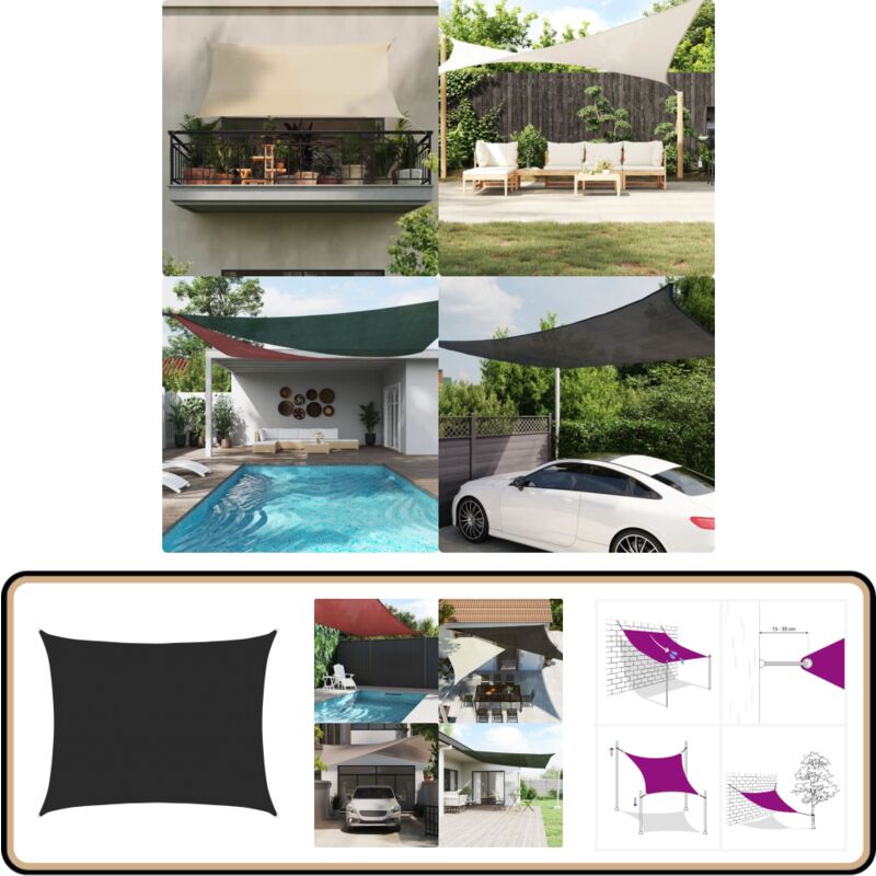 Voile d'ombrage 160 g/m² rectangulaire noir 6x8 m pehd - Voile D'ombrage - Parasol - Ombre - Jardin - Terrasse