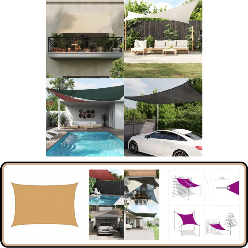 Voile d'ombrage 160 g/m² rectangulaire sable 3,5x5 m pehd - Voile D'ombrage - Parasol - Abri Solaire - Toile Ombrage - Protection Solaire
