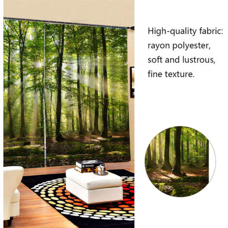 Voile d'ombrage Forests Sunlight Printing, Polyester Rayon, 150x166cm, 2 Pièces avec 9 Anneaux, pour Balcon et Chambre