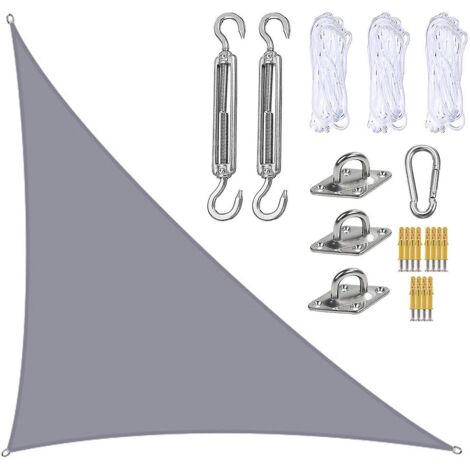 Voile d'ombrage imperméable 3 x 4 x 5 m, auvent triangulaire pare-soleil pour terrasse et piscine, avec kit de fixation Ns2Gray