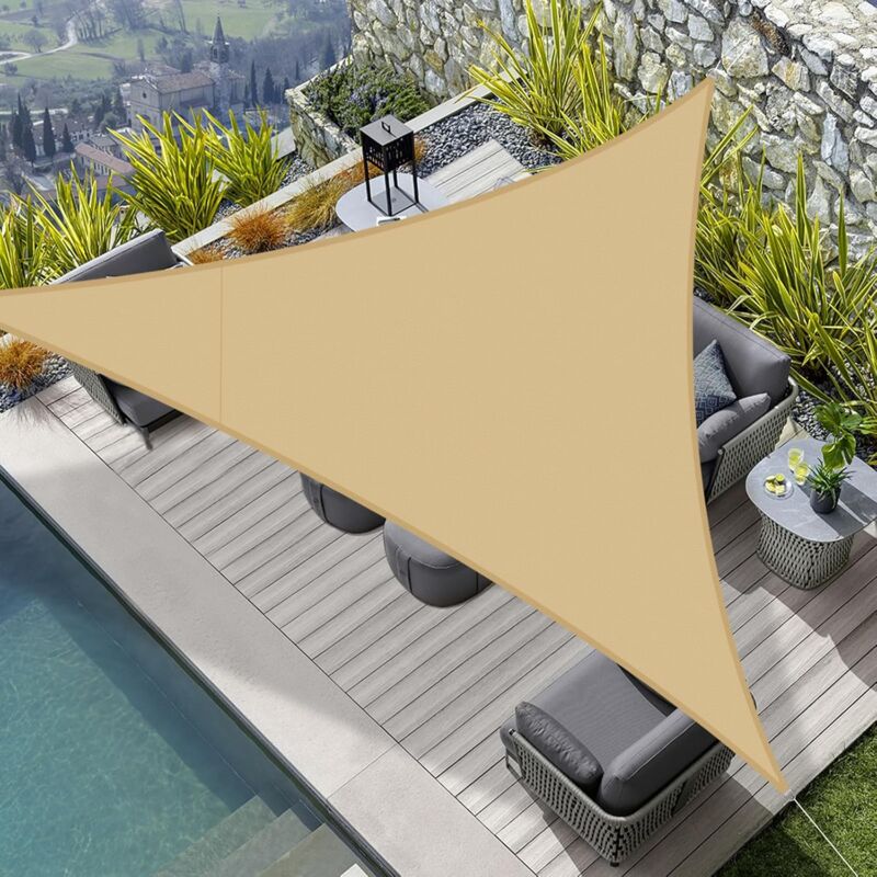 Voile d'ombrage Imperméable Triangulaire 3x3x3m PES Toile Ombrage Auvent Protection des Rayons UV pour Extérieur Jardin Terrass Balcon Couleur Sable