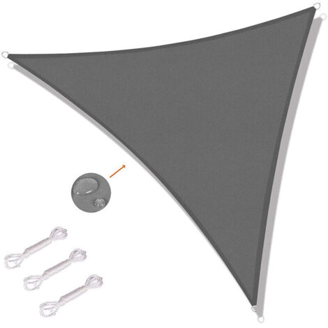 Voile d'ombrage triangulaire 5 x 5 x 5m – Toile imperméable – Protection UV – Installation sécurisée avec cordes – Gris