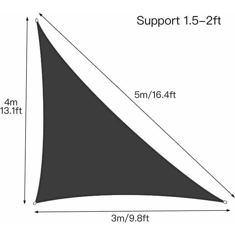 Voile d'ombrage triangulaire imperméable 3x4x5m avec 3 cordes tissu solide et durable pour jardin extérieur 1pc 13 cordes