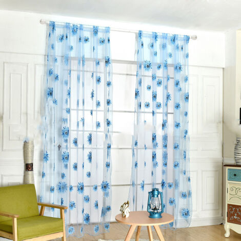 Voile organza bleue à motif tournesol 100x200 cm - Décoration fenêtre en polyester