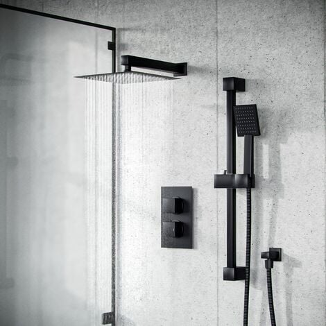 Voilet 2 Dial 2 Outlet Square Concealed Thermostatic Mixer Valve, Shower Head, Slider Rail & Handset Matte Black