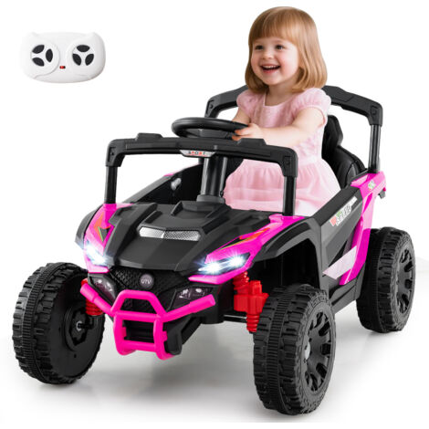 Voiture électrique 12V pour Enfants, Camion UTV avec Télécommande, 3 Vitesses, Lumières LED, Musique, Klaxon & Suspension à Ressort, Rose