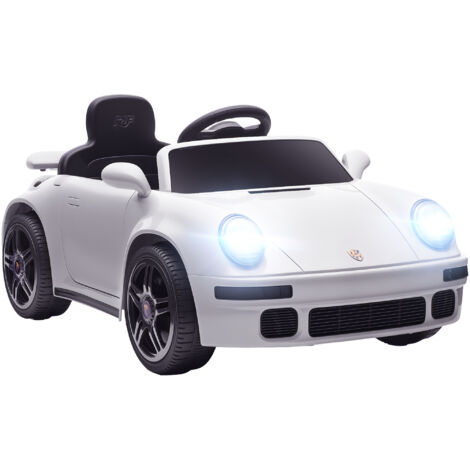 Voiture électrique enfant 12V avec télécommande 2,4G, phares LED, musique, klaxon, dimensions 103x55x44 cm, blanc.