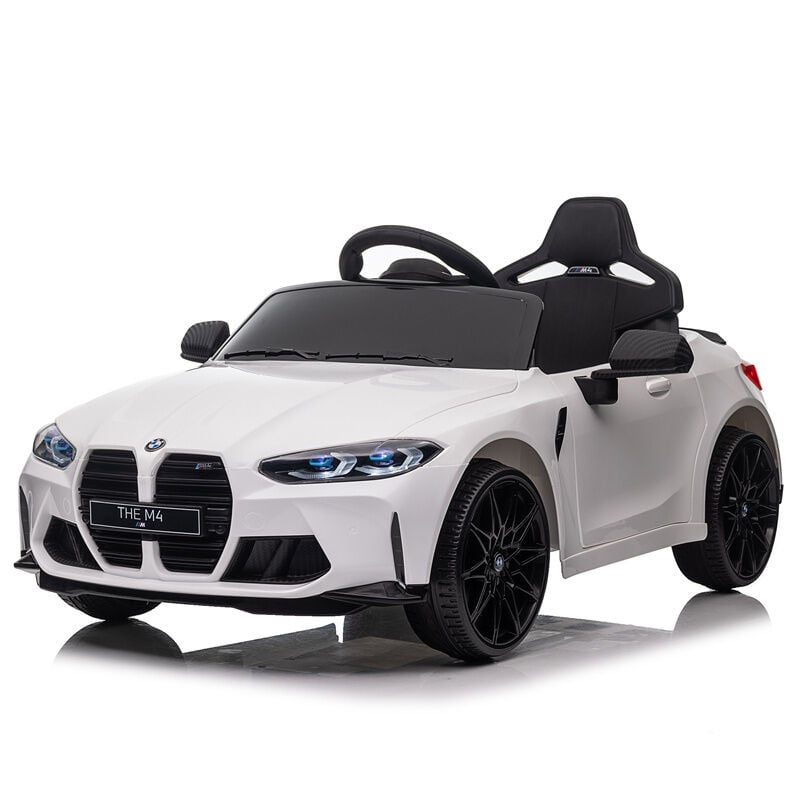 Voiture électrique enfant BMW M4 12 V, avec télécommande, 3 vitesses, indicateur, USB avec Bluetooth et phares LED - Blanc