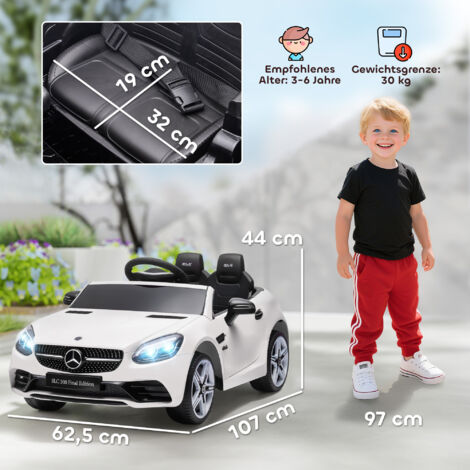 Voiture électrique pour enfants, avec phares LED, ceinture de sécurité, klaxon, musique, vitesse de 3 à 5 km/h, blanche, 107 x 62,5 x 44 cm
