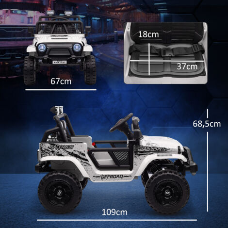 Voiture électrique pour enfants avec suspension souple, télécommande, phares LED, klaxon, moteurs 12 V, en plastique et métal, blanche