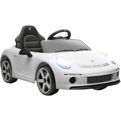 Voiture enfant blanche RUF GT, 3-5 ans, télécommande, ceinture sécurité, musique.