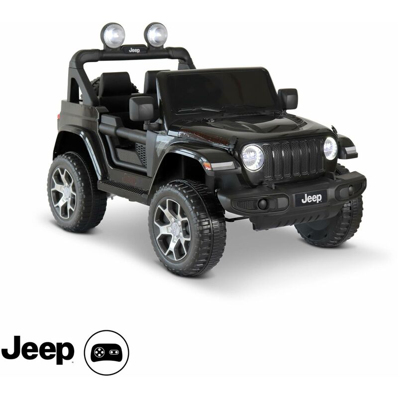 Voiture électrique 12V pour enfant - jeep Wrangler Rubicon 2 roues motrices. noire. 1 place. avec autoradio. télécommande. MP3. port usb / carte sd.