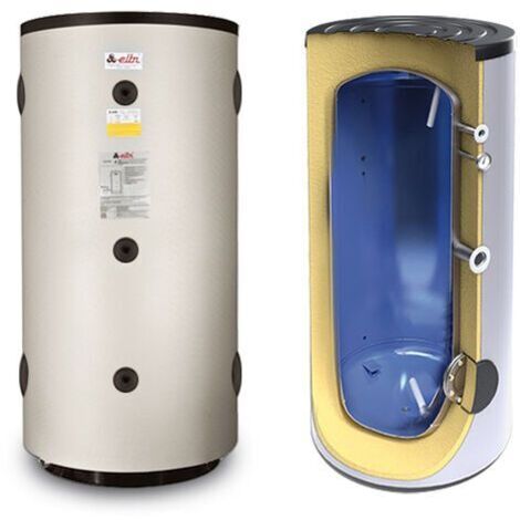 Volano inerziale caldo/freddo per acqua tecnica da 100 litri in acciaio nero. Coibentazione da 50 mm in poliuretano rigido + PVC . Altezza 915 diametro 500