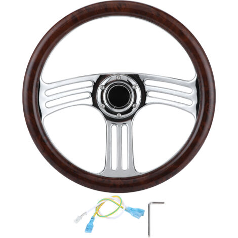 Volant chromé à 3 branches avec poignée en bois foncé de 350 mm/14 pouces, 6 boulons, style vintage