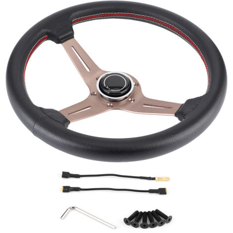 Volant,  Couleur Cuivre Volant de Course 250 Mm / 14 Pouces Demi-assiette à 6 Boulons en Cuir Perforé Noir Avec Corne Pièce Modifiée Universelle.
