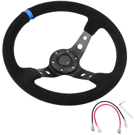 Volant de course automobile universel 35 cm/14 pouces à 6 boulons avec klaxon bleu