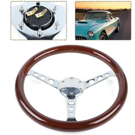 Volant en bois universel professionnel de modification de voiture 380 mm 380 mm avec bouton de klaxon marron