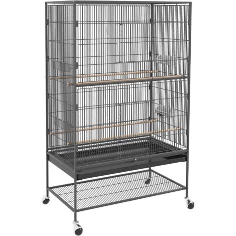 Volière avec perchoirs et étagère, 94 x 57 x 153 cm, grise, avec portes et roulettes pour oiseaux