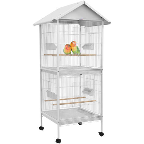 Volière cage à oiseaux sur roulettes design maison mangeoires perchoirs portes plateaux excréments amovibles métal