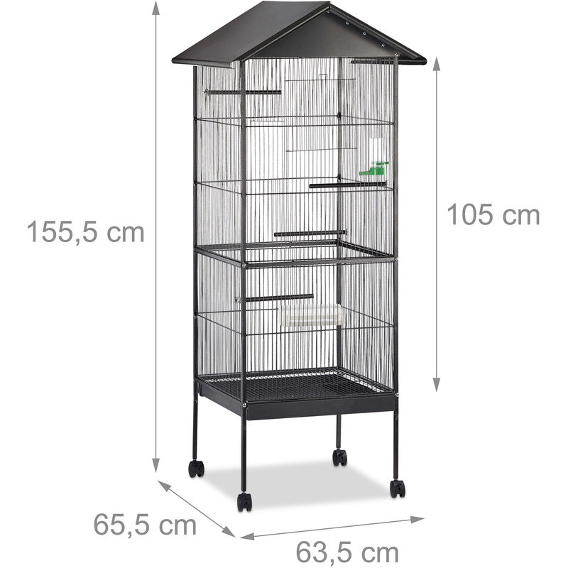 Volière Cage à Oiseaux Toit Perroquet Perruche Avec Support Roulettes Métal Hxlxp 155 X 64 X 66 Cm Noir