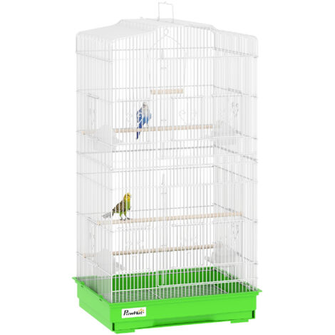 Volière en cage métallique avec 4 mangeoires, 3 perchoirs à balançoire et poignée de plateau amovible 46,5x35,5x92 cm Vert