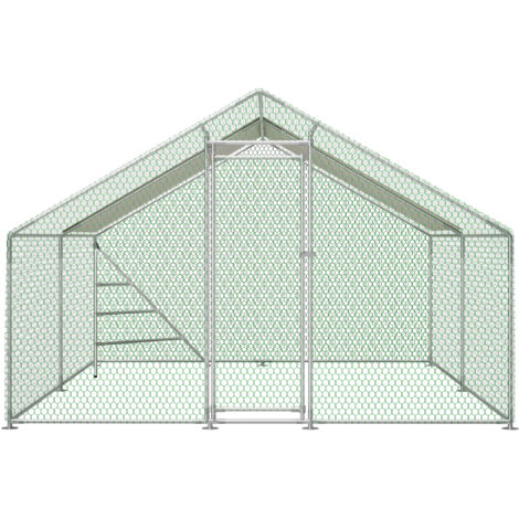 Volière métallique de 3x4 mètres, équipée d’une structure de pergola intégrée, d’un toit et d’un verrou de sécurité. C’est un endroit stable en toutes conditions météorologiques, idéal pour les poules
