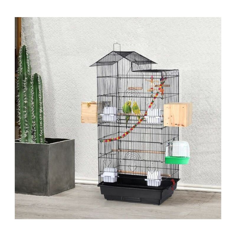 Cage à Oiseaux Poignée Portable 4 Mangeoires 3 Perchoirs Cage pour Perruche Calopsitte Conure Pinson Canaris
