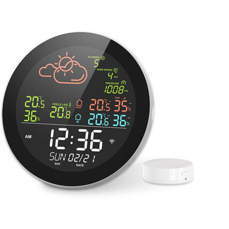 Voll ausgestattetes intelligentes WiFi-Thermometer, Wetterfunk-Wetterstation, Temperatur- und Feuchtigkeitsmesser für den Innen- und Außenbereich, Wetteruhr mit einem Sensor