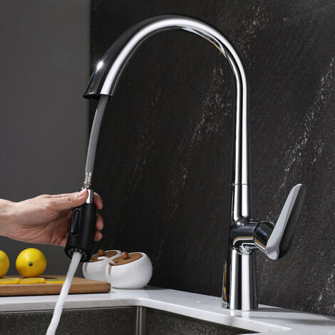 Vollkupfer-Schwanenhals-Auszieh-Aschenkanonenspüle, Heiß- und Kaltkugel, Balkon, drehbare Küchenspüle, Gemüsebecken, Wasserhahn – Chrom-Silber-Modell – Hauptmodell
