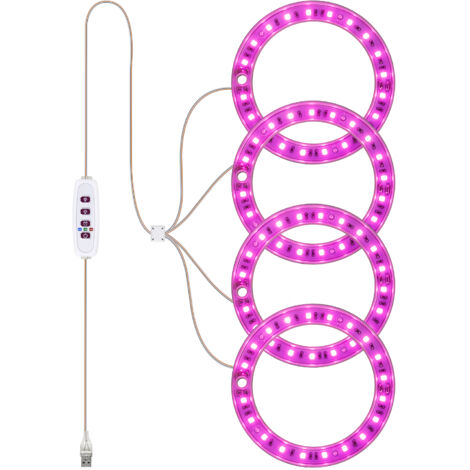Vollspektrum-LED-Pflanzenlampe mit 20 LEDs, 8h/12h/16h Timer, 5 Helligkeitsstufen, verstellbarer Höhe, USB-Anschluss und Lichtring für Sukkulenten.